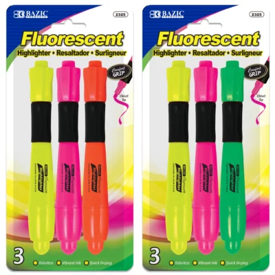 Desk Style Fluorescent Highlighters w/ Cushion Grip (3/Pack)